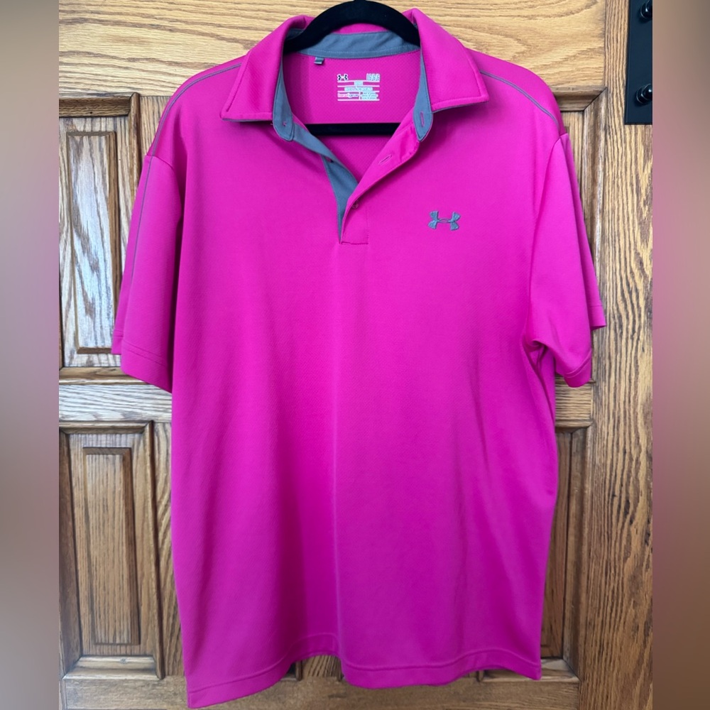 Under Armour Men's Pink Polo Shirt with Gray Accents